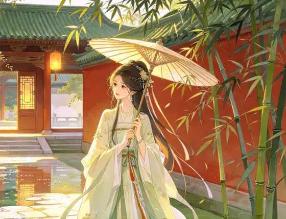竹林边的红墙庭院,一个穿汉服的少女撑着油纸伞站在灯笼下(动漫风插画)