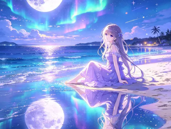 月夜海滩上极光闪烁,一个少女坐在浅水边,水面倒映着月亮(动漫风插画)