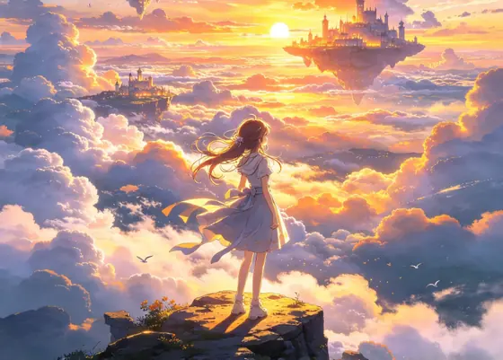 暮色里的云海与浮空岛,一个少女站在云端的岩石上(动漫风插画)